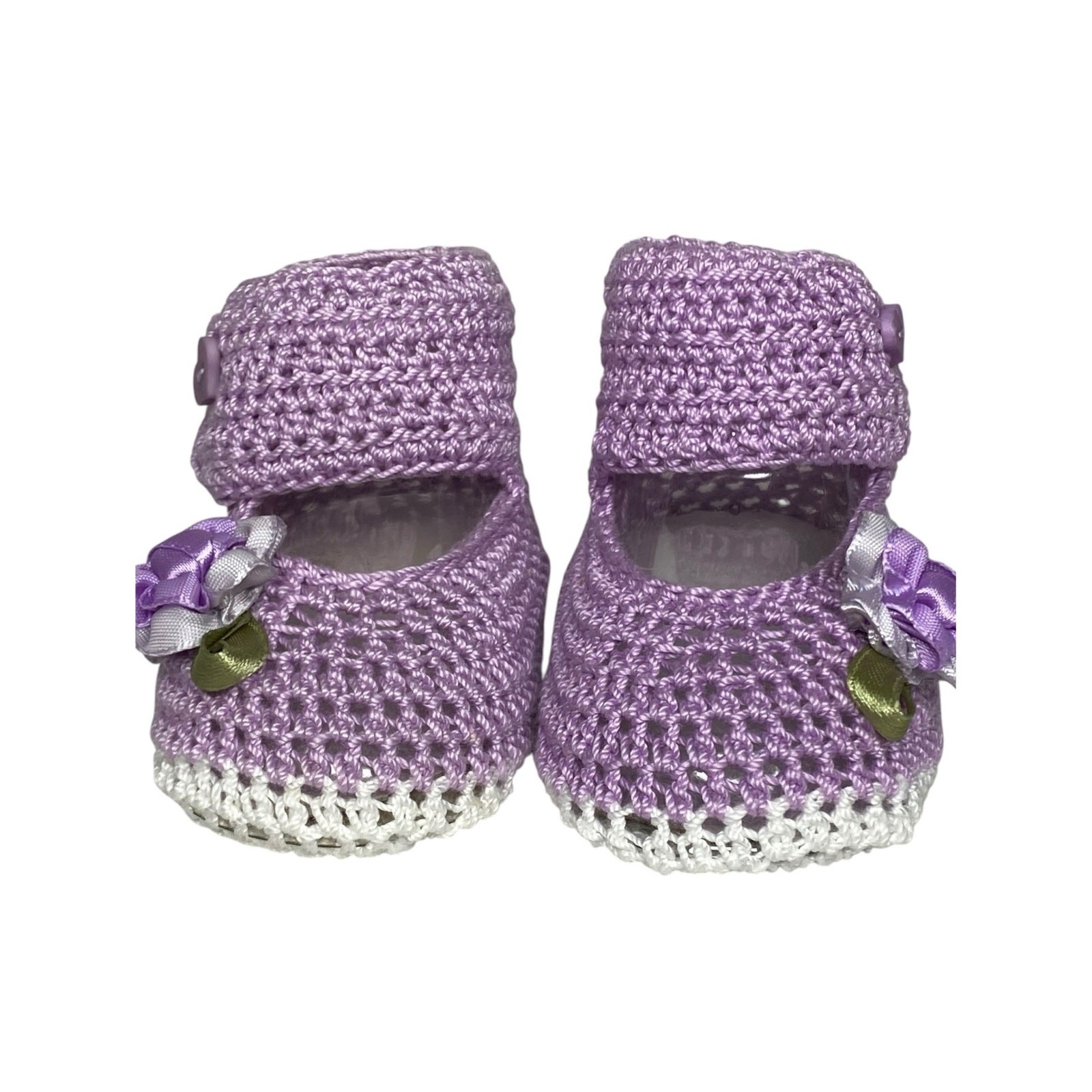 Botines de ganchillo hechos a mano para bebé niña lavanda púrpura cinta de flores zapatos Mary Jane