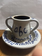 Rowe Pottery ABC Mug  saucer. Handmade With Salt Glaze, Cobalt Blue 1990