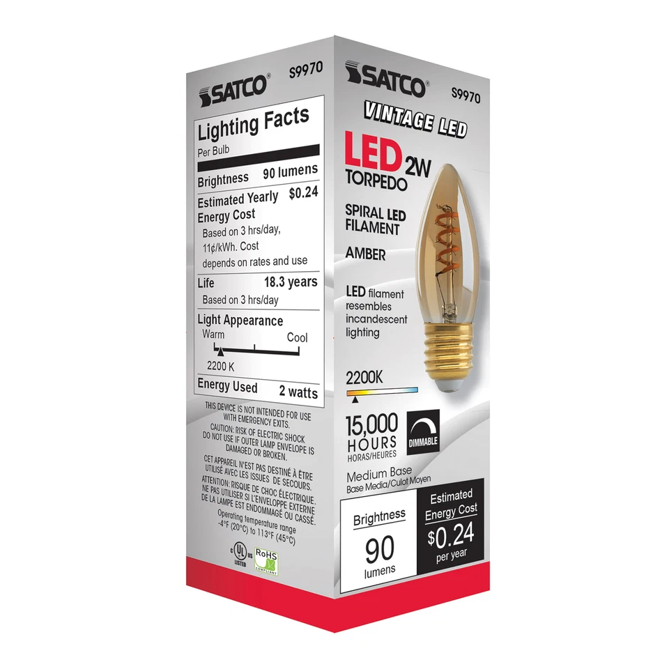 Satco S9970 Amber Spiral Filament LED 2ETC 2W 120V B10 Medium E26 Base Dimmable - Image 3 of 4