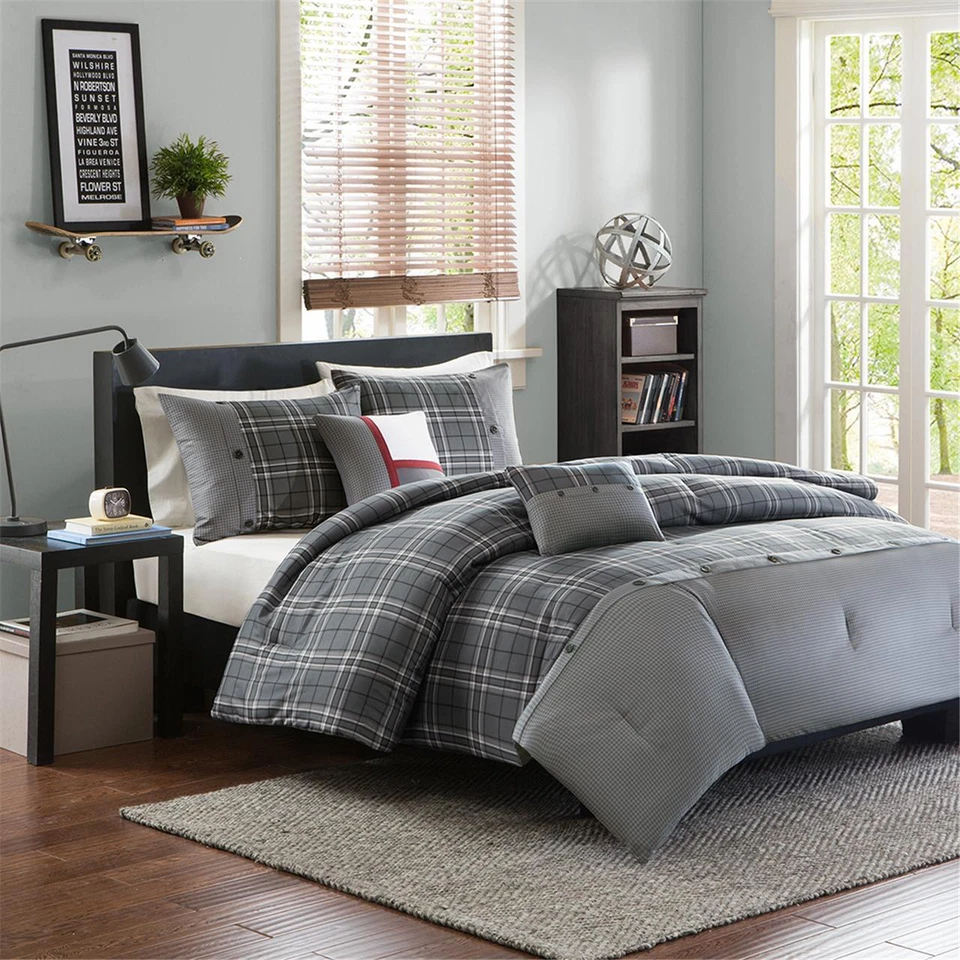 GREY PLAID COMFORTER SET : DARYL MODERN WHITE SLATE GRAY PIECED STRIPE - Image 2 of 4