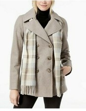 London Fog Double Breasted Plaid Scarf Peacoat Colour Taupe Heather - Size Uk L