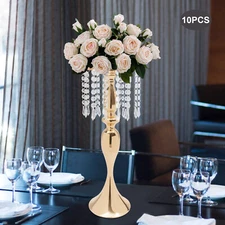 10Pcs Gold Tabletop Crystal Flower Stand Wedding Flower Vase Dining Table Decor