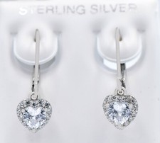 LAB CREATED 1.76 Cts WHITE SAPPHIRE HEART DANGLING EARRINGS .925 Silver - NWT