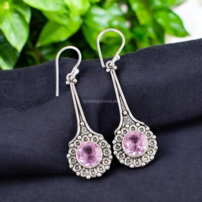 Morganite Gemstone Earrings 925 Sterling Silver Handmade Jewelry 2.52'' For Women