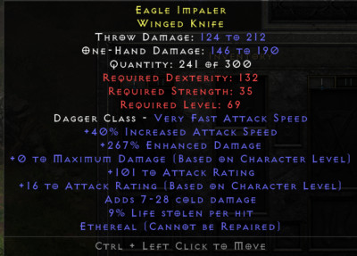 D2r rare winged knife 40ias 267ed fool mod 101ar 9ll eth--non ladder sc ...