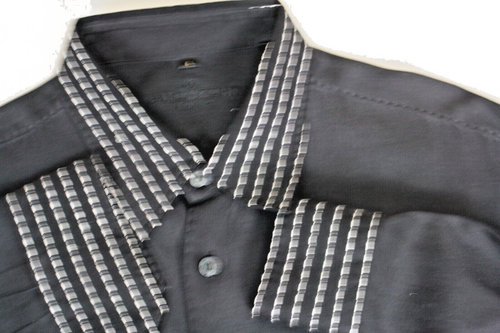 BUGATCHI UOMO VTG Shirt Black All Silk White Embroidery Stitch on Cuff Collar L - Picture 7 of 11
