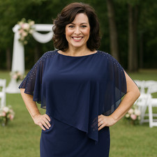 XSCAPE Women’s 16P Petite Blue Sheath Dress Sheer Cape Overlay Elegant Wedding