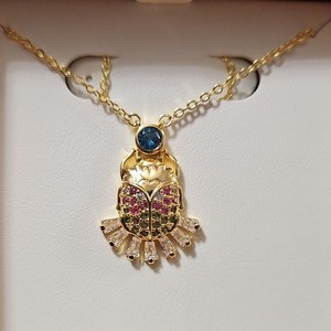 Authentic Ring Bomb Party Scarab Pendant Necklace RBP2638 Yellow Gold Plated Blue Topaz