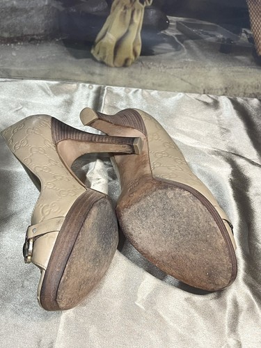 GUCCI GG Peep Toe Platform Pumps Women Leather Shoes Beige 8.5 With Box - Picture 6 of 14
