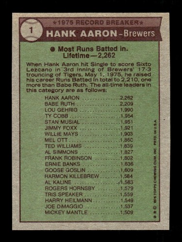 1976 Topps #1 Hank Aaron - EX-MT - Picture 2 of 2