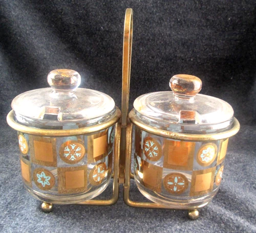 Vintage MCM Jeanette Glass Condiment Jars w/Lids & Metal Holder / Gilt/Turquoise