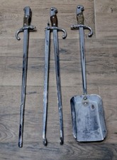 VINTAGE FRENCH MILITARY FIRE IRONS / FIRE COMPANION SET POKER,TONGS & ASH SHOVEL