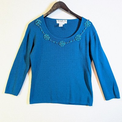 Vintage Joseph A. Women's Teal Crystal Embellished 3/4 Sleeve Sweater Size L