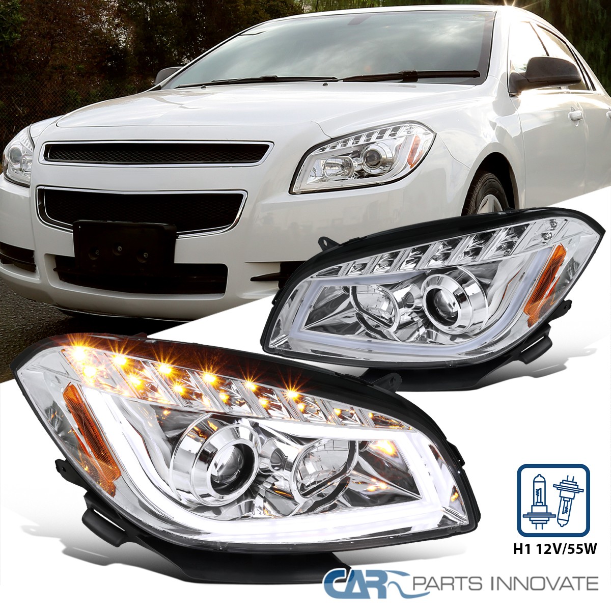 Fits 08-12 Chevy Malibu LED Signal Strip Projector Headlights