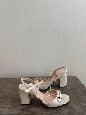 Gucci Horsebit Bloc Sandals Size 37 NEW White Leather Ankle Strap Heels