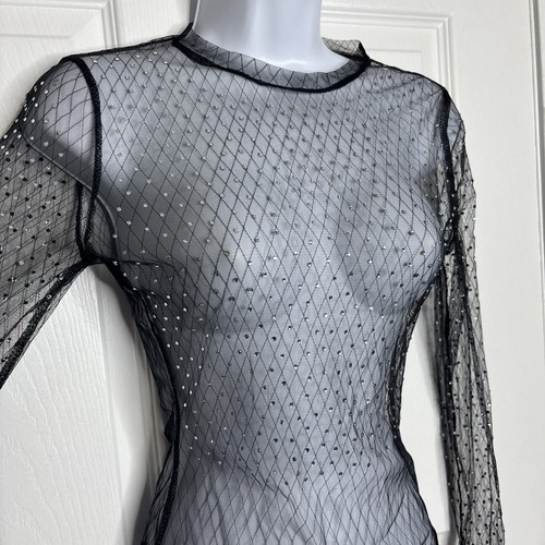 Small Blashe Black Sheer Mesh Rhinestone Bodysuit Long Sleeve Y2K