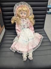 Vintage Porcelain Doll Pink Dress Bonnet Blond  42cm Long (S10)