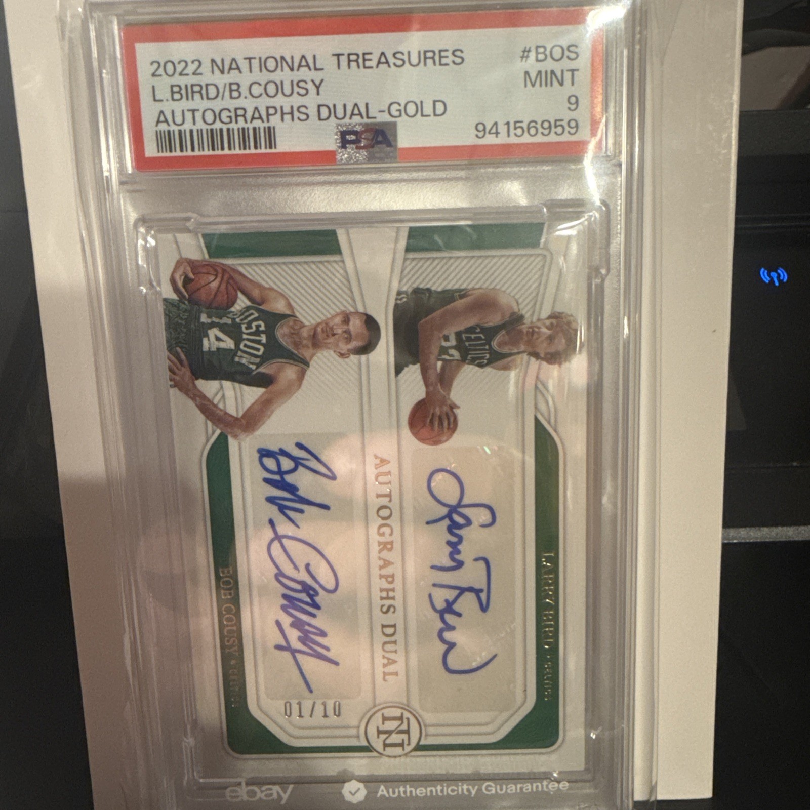 2022-23 Panini National Treasures Larry Bird Bob Cousy Auto Dual Gold 1/10 PSA 9
