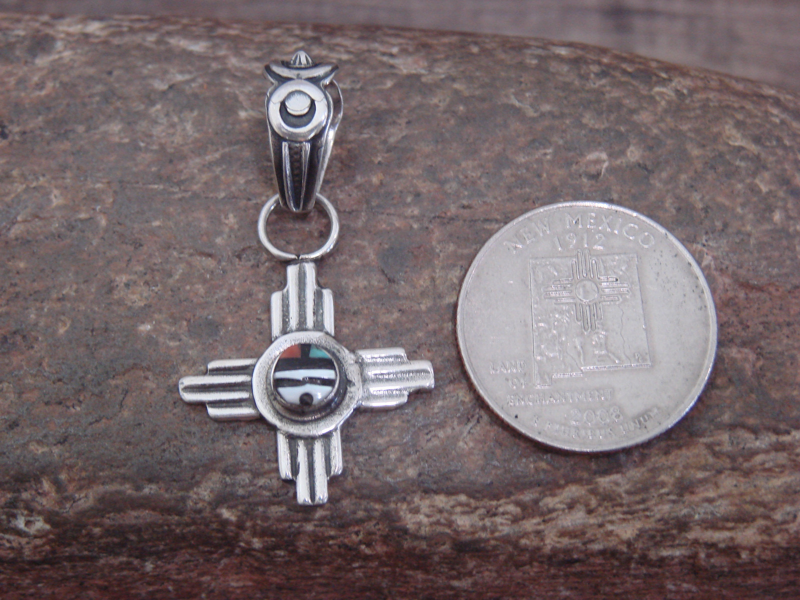 Native American Sterling Silver Zia Symbol & Sunface Inlay Pendant - Kallestewa