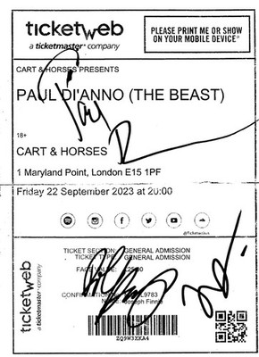 SIGNIERTES PAUL DIANNO CART HORSES TICKET IRON MAIDEN 2023 PROOF SIGNING BAND