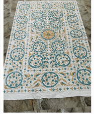 Vintage White Suzani Embroidered Textile Throw Wall Hanging Floral Boho Tapestry
