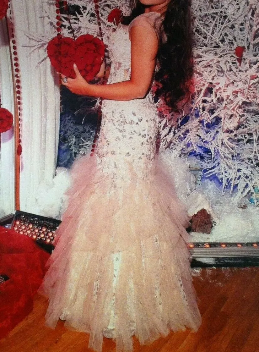 Jovani Blush Pink Embellished Sequined Ruffle Mermaid Dress Gown