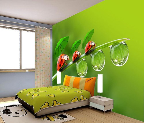 Ladybugs Green Umbrella Rainy 3D Full Wall Mural Photo Wallpaper Home Decal Deco - Picture 8 of 15