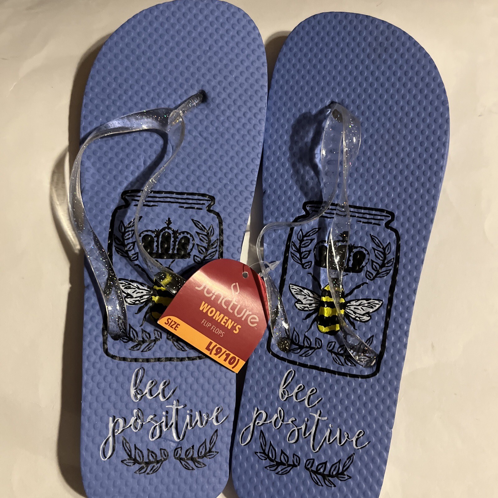 New Women's Juncture "Bee Positive" Rubber FlipFlops Blue [Size L 9/