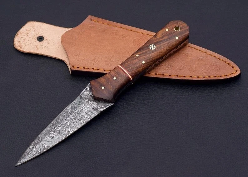 Cuchillo de bota daga de acero Damasco militar de doble filo V42 mango de madera-x74 Foto 2 de 4