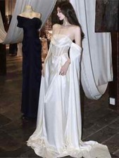 White Satin High Quality Simple Evening Dresses A-line Long Sleeve Floor Length