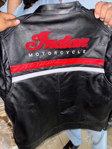 GENUINE INDIAN MOTORBIKE MOTORCYCLE FREEWAY JACKET BLACK RED PREMIUM COW LEATHER - Picture 2 of 8