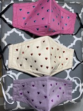 Fashionable Cotton Heart Studded Adult Face Mask w/filter pocket/Nose Wire 3pk
