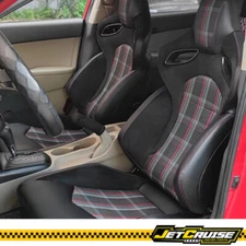 Universal Pair Reclinable Racing Seats Dual Slider PU&Carbon Leather + Red Plaid