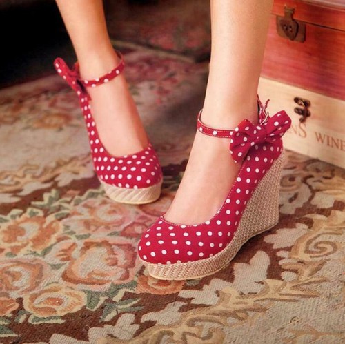 Ladies Round Toe Polka Dots Platform Sandals Wedge Heel Espadrille Bow Shoes New - Picture 9 of 13