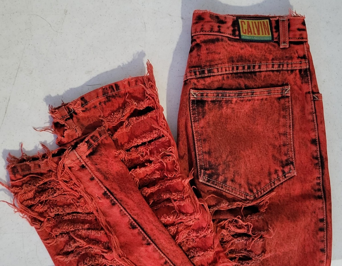 Vintage Women's Calvin Klein Red Stone Acid Washed Ripped Denim Jeans 9/10