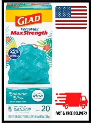 Glad ForceFlex MaxStrength Tall Kitchen Drawstring Trash Bags, 13 Gallon, 20 Ct