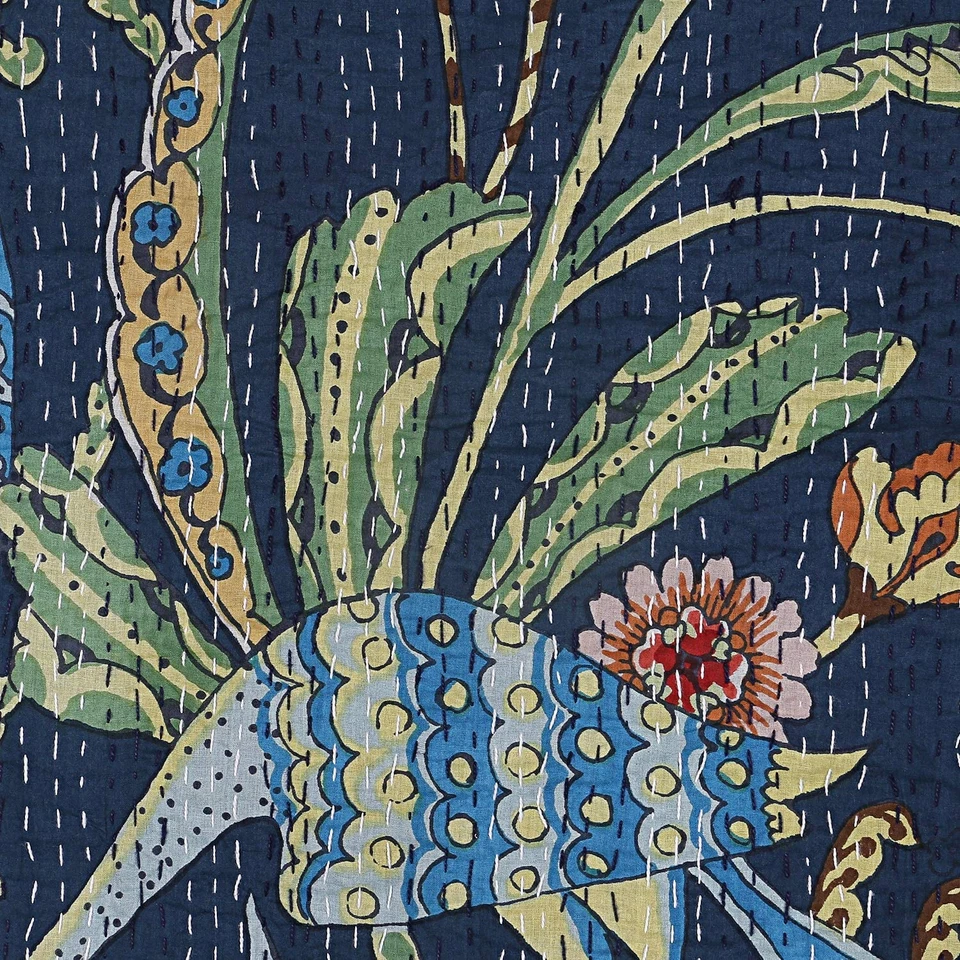 100% хлопок Kantha лоскутное одеяло королевский размер покрывало ручной работы темно-синий покрывало - Изображение 4 из 4