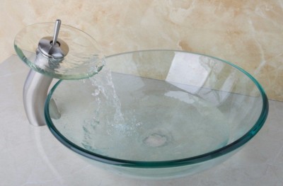 Glaswaschbecken Waschbecken mit passender Glas Wasserfall Armatur Bad Garderobe en suite 