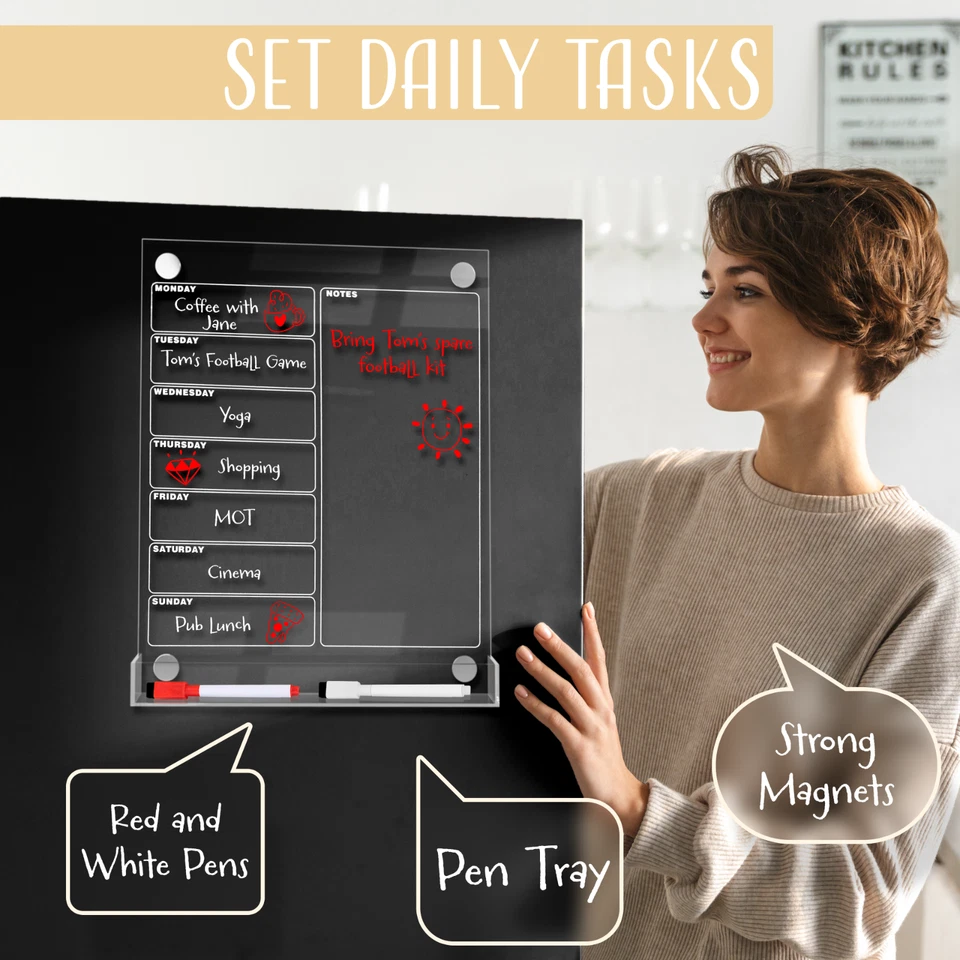 Acrylic Magnetic Fridge Planner with Pen Holder, Clear Weekly Meal Planner Board - Image 3 of 4