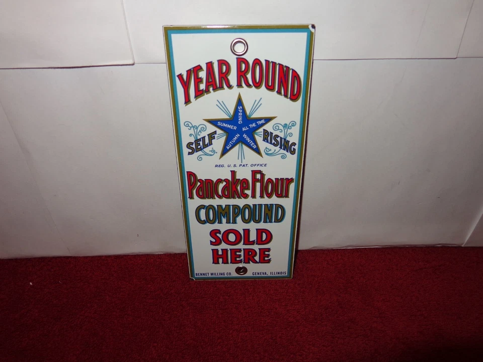 3 3/4 x 8 1/2 in YEAR ROUND PANCAKE FLOUR ADV. SIGN HEAVY METAL PORCELAIN - Z423 - Image 4 of 4