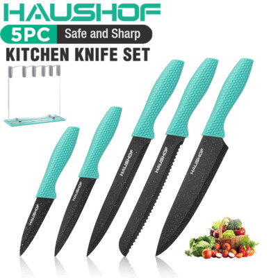 HAUSHOF 5PC Kitchen Knife Set Knife Sets Block Premium Steel Knives Set w/Holder