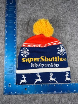 Super Shuttle Daily Airport Rides Beanie Toque Adult Blue 100% Acrylic Pom Promo