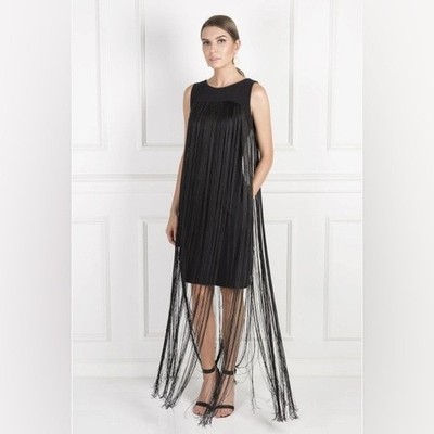 ALEXIS Designer Fringe Tassel Little Black Mini boho Dress Sleeveless  Small
