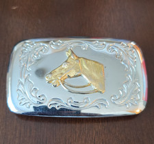 Men's Western Rectangular Belt Buckle Silver/Gold Engraved Floral Horse 1.5"