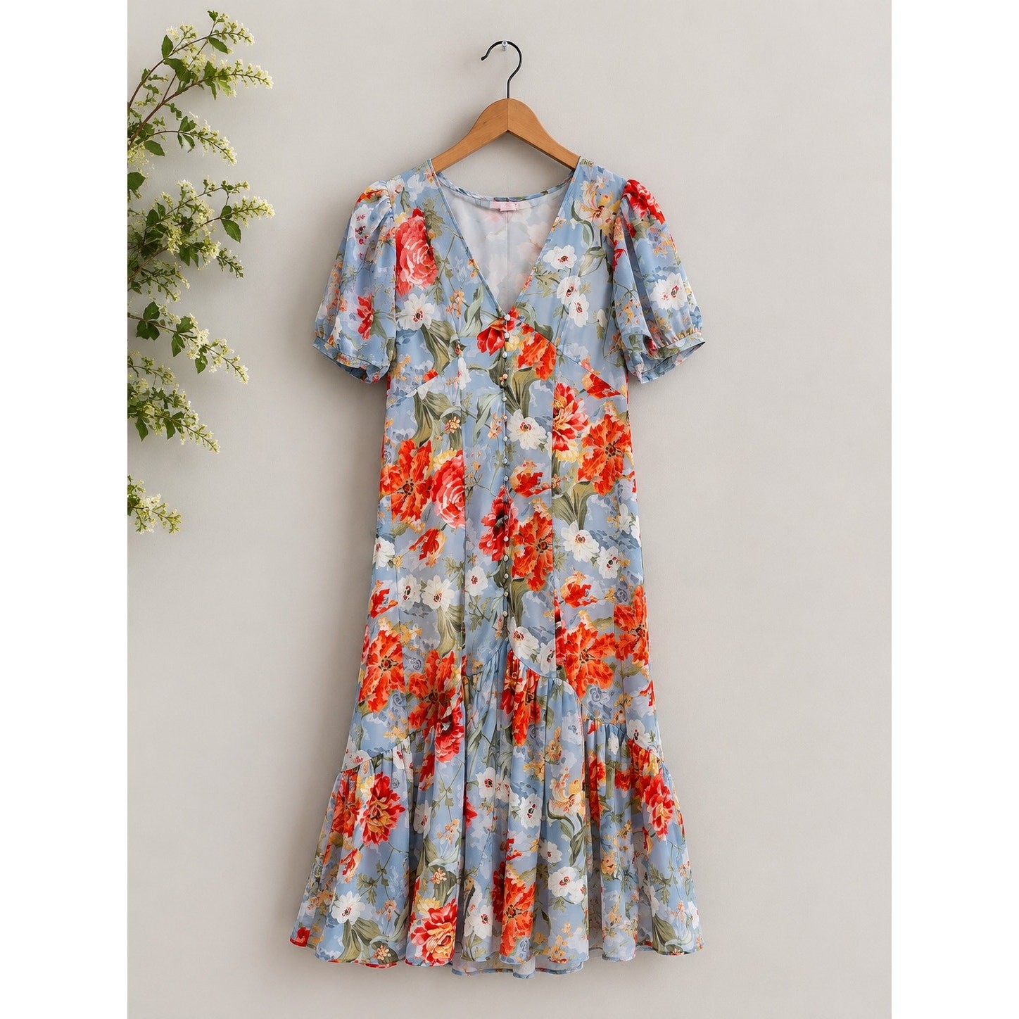 Gatsby Babydoll Floral Midi Dress Size L Blue Puff Sleeve Ruffle Cottagecore