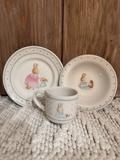 Vintage Hallmark Keepsake 3pc Bunny Heart Trim Nursery Dish Set Cup, Plate, Bowl
