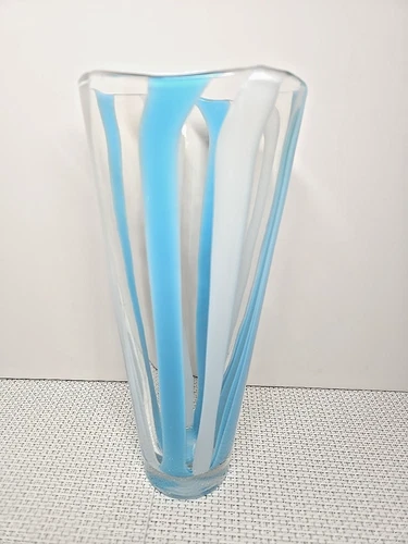 Fulvio Bianconi Vertical Blue White Striped Murano Glass Vase 10"
