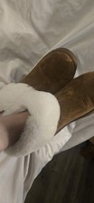 Brown Faux Suede Women's Slip-On Slippers White Faux Fur Lining Size 8