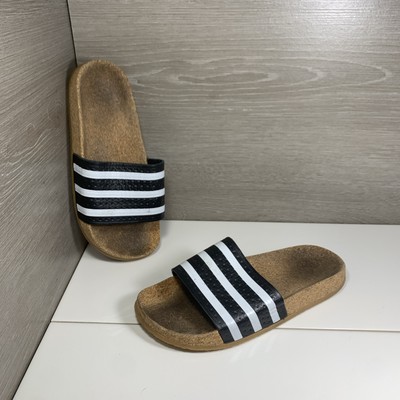 Adidas Adilette Cork Slides Black White Striped Sandal Slip On BA7211 Men s Sz 6