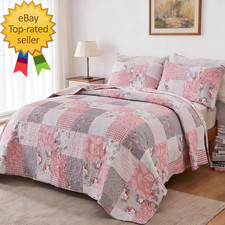 Oversized King Size Quilt Set 128X120 Pink Grey Floral Plaid Patchwork Extra